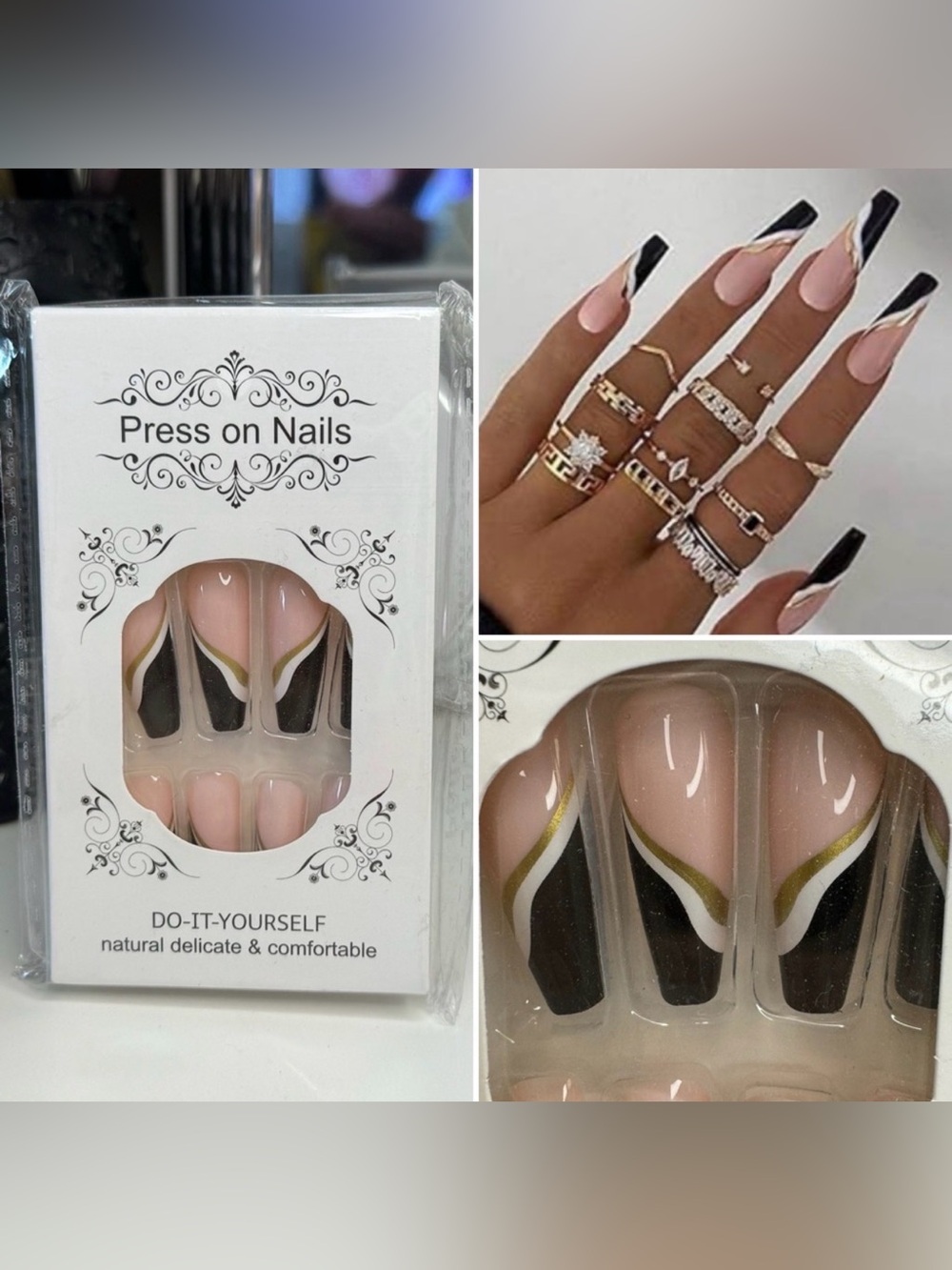 Foccna Glossy Coffin Extra Long Press On Nails Gold/White/Black